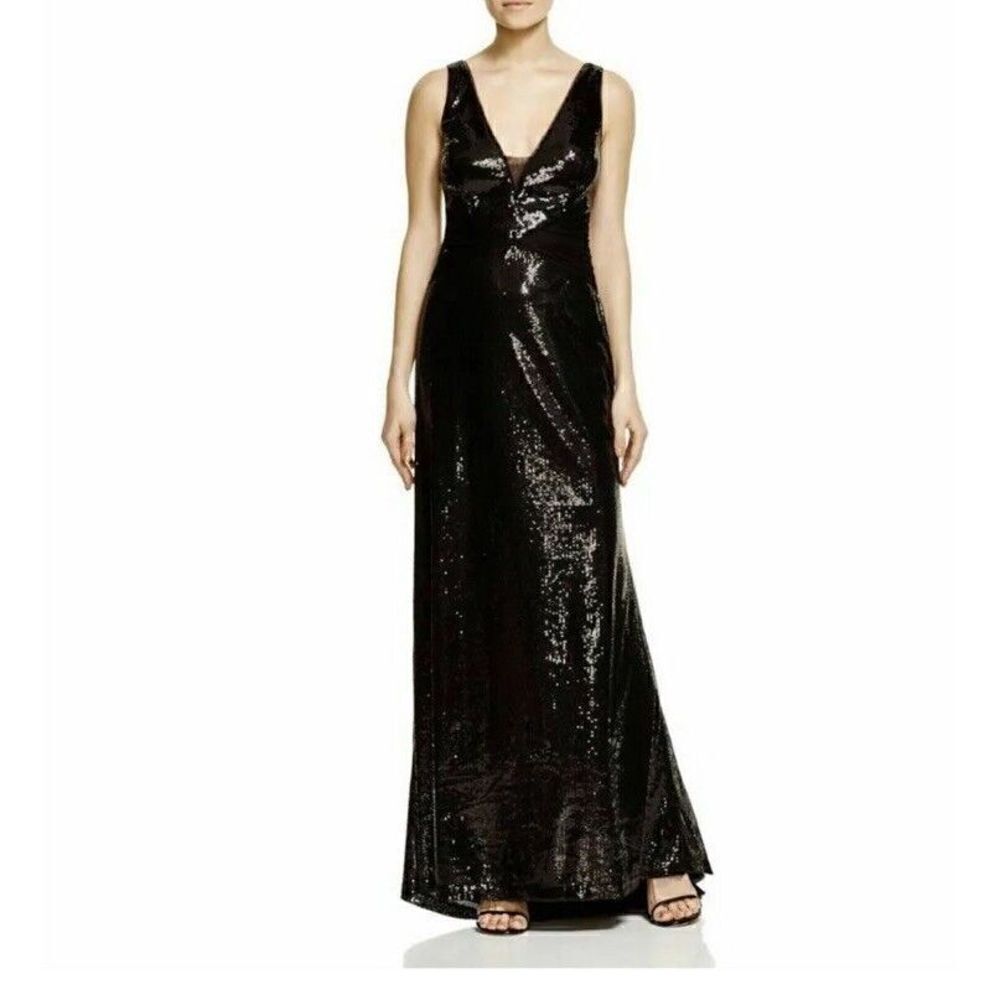 Vera Wang Black Sequin Formal Gown V Neck Long Mermaid Sz 2